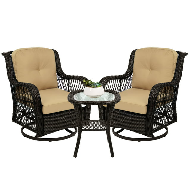 Best Choice Products 3-Piece Patio Wicker Bistro Furniture Set w/ 2 Cushioned Swivel Rocking Chairs, Side Table - Beige