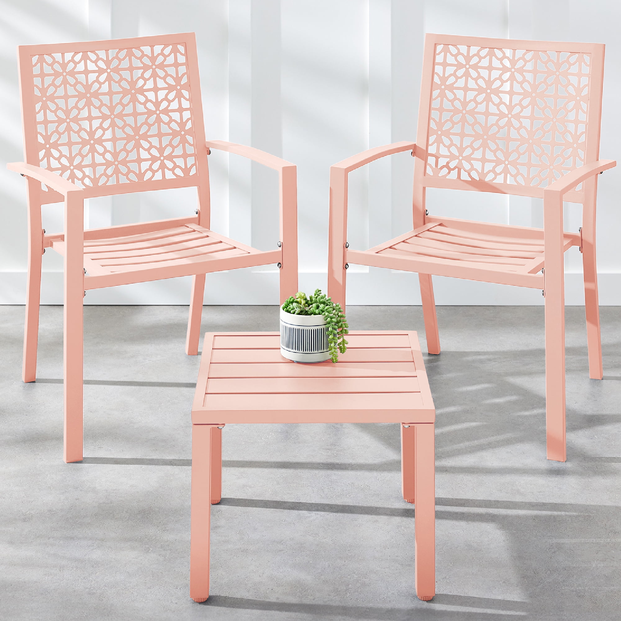 Peach Steel 3-Piece Outdoor Patio Bistro Set with Armchairs and Table
