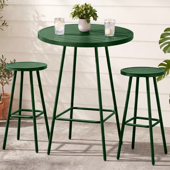 Best Choice Products 3-Piece Steel Patio Bar Height Round Bistro Set w/ Backless Stools, Slatted Design - Dark Green
