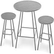 Best Choice Products 3-Piece Steel Patio Bar Height Round Bistro Set w/ Backless Stools, Slatted Design - Gray