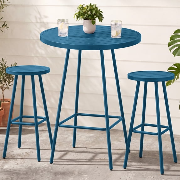 Best Choice Products 3-Piece Steel Patio Bar Height Round Bistro Set w/ Backless Stools, Slatted Design - Peacock Blue