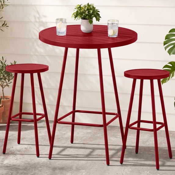 Best Choice Products 3-Piece Steel Patio Bar Height Round Bistro Set w/ Backless Stools, Slatted Design - Red