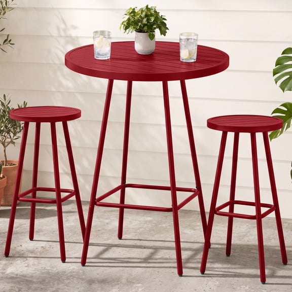 Best Choice Products 3-Piece Steel Patio Bar Height Round Bistro Set w/ Backless Stools, Slatted Design - Red