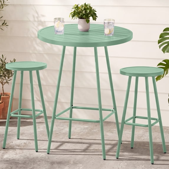 Best Choice Products 3-Piece Steel Patio Bar Height Round Bistro Set w/ Backless Stools, Slatted Design - Sage
