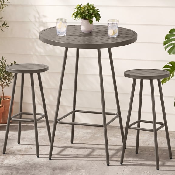 Best Choice Products 3-Piece Steel Patio Bar Height Round Bistro Set w/ Backless Stools, Slatted Design - Taupe