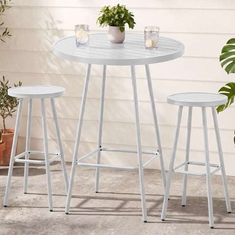 Best Choice Products 3-Piece Steel Patio Bar Height Round Bistro Set w/ Backless Stools, Slatted Design - White