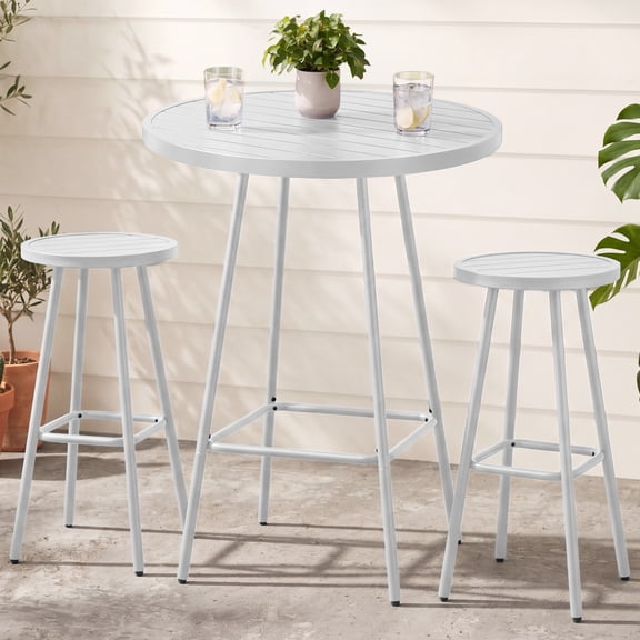 Best Choice Products 3-Piece Steel Patio Bar Height Round Bistro Set w/ Backless Stools, Slatted Design - White