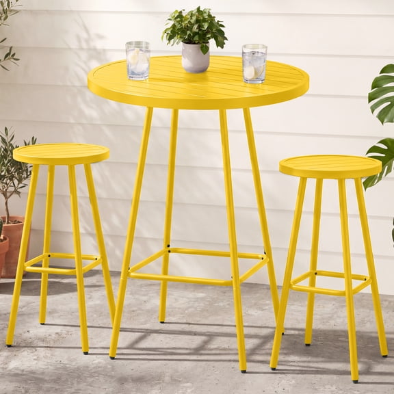 Best Choice Products 3-Piece Steel Patio Bar Height Round Bistro Set w/ Backless Stools, Slatted Design - Yellow