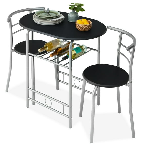 Best Choice Products 3-Piece Wood Dining Room Round Table & Chairs Set w/ Steel Frame, Built-In Wine Rack - Black/Silver