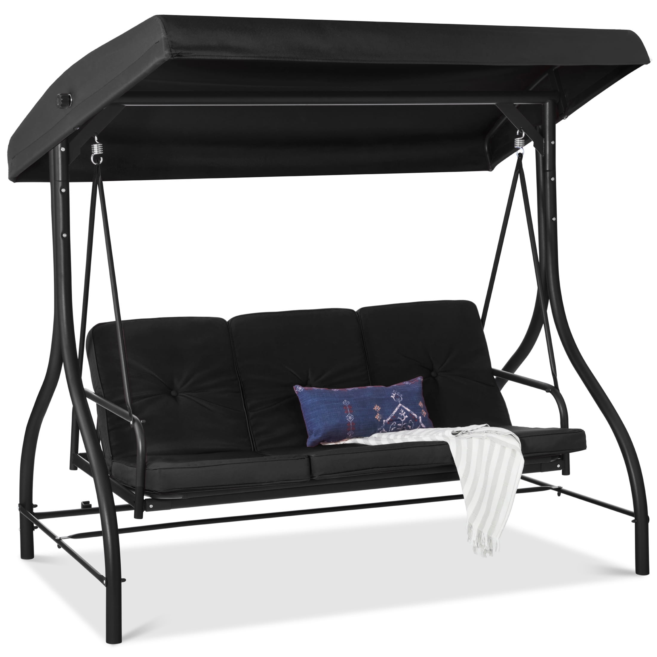 Black Steel 3-Seat Outdoor Canopy Swing Glider with Cushions