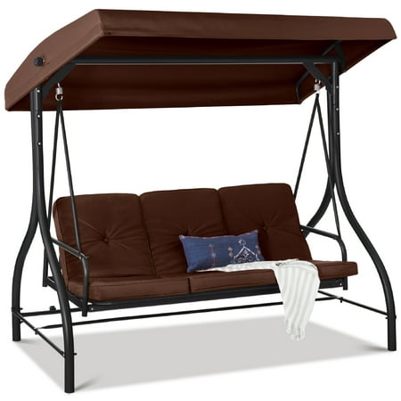 Best Choice Products 3-Seat Outdoor Converting Canopy Swing Glider Patio Hammock w/ Removable Cushions - Brown