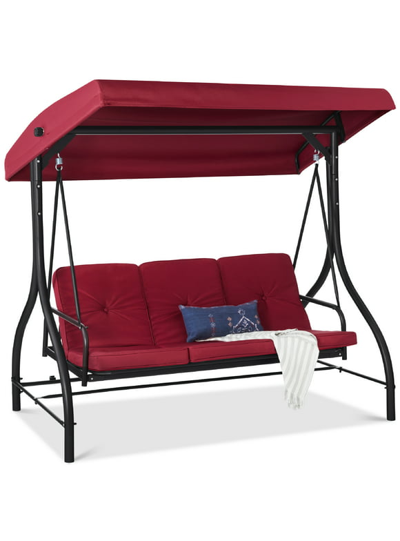 Best Choice Products 3-Seat Outdoor Converting Canopy Swing Glider Patio Hammock w/ Removable Cushions - Burgundy