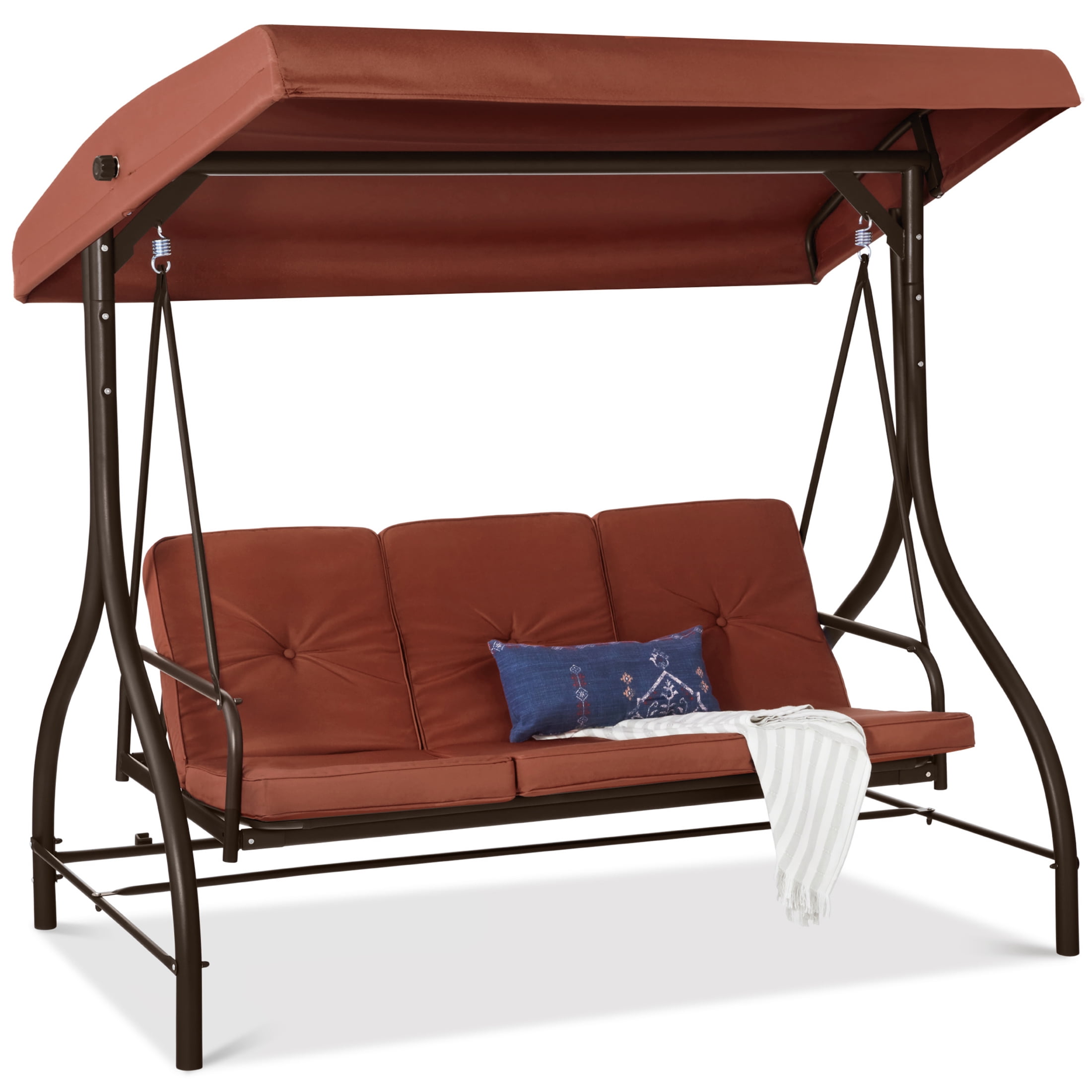Dark Rust Steel Frame Outdoor Canopy Swing Glider with Cushions