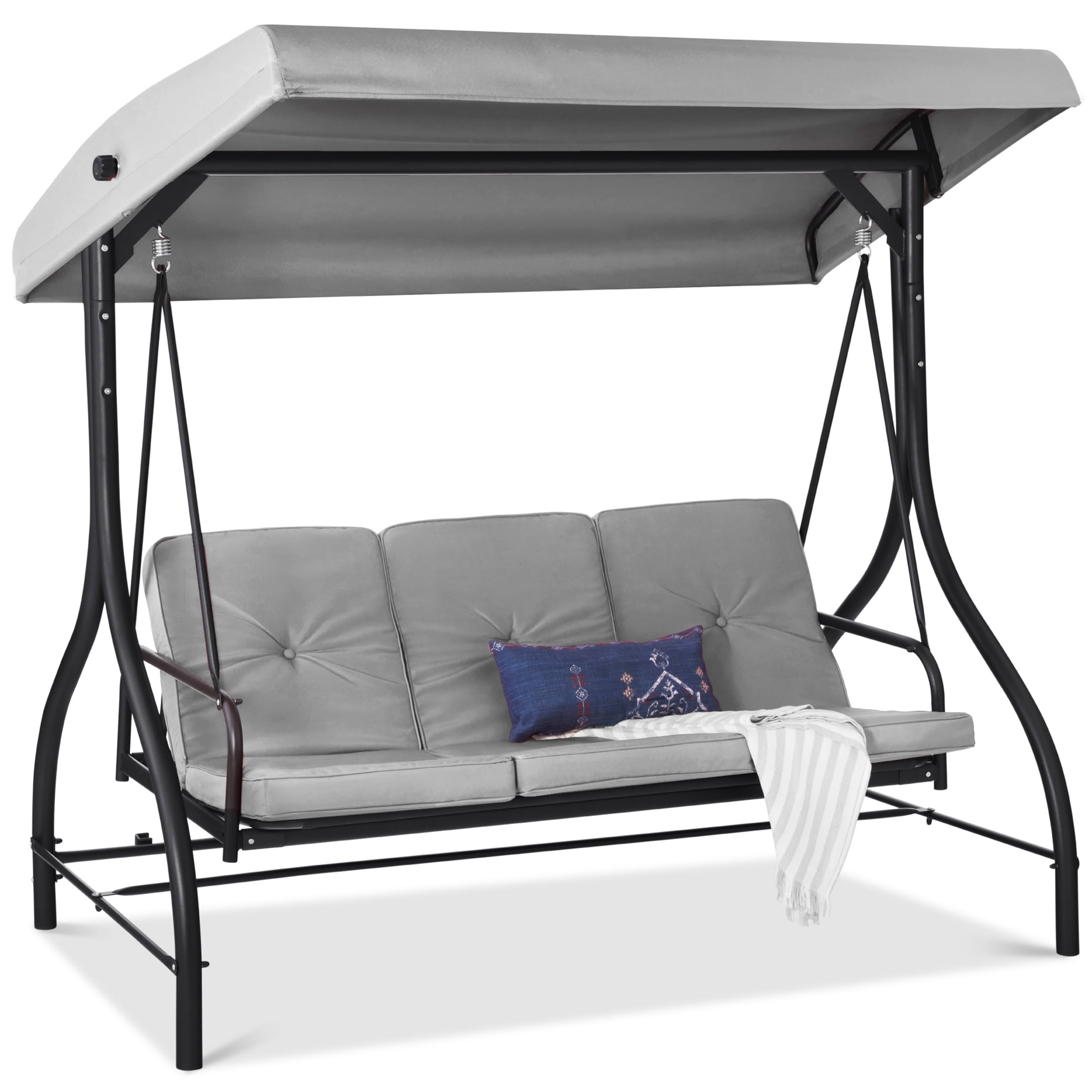 Best Choice Products 3 Seat Outdoor Converting Canopy Swing Glider Patio Hammock w Removable Cushions Fog Gray