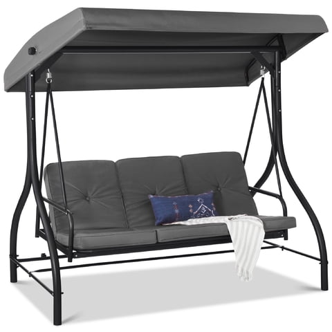 Best Choice Products 3-Seat Outdoor Converting Canopy Swing Glider Patio Hammock w/ Removable Cushions - Graphite Gray