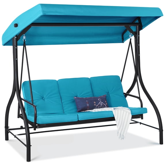 Best Choice Products 3-Seat Outdoor Converting Canopy Swing Glider Patio Hammock w/ Removable Cushions - Sky Blue