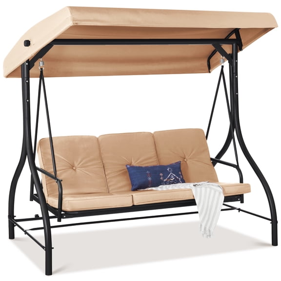 Best Choice Products 3-Seat Outdoor Converting Canopy Swing Glider Patio Hammock w/ Removable Cushions - Tan