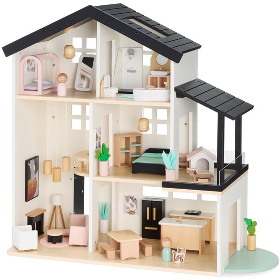 Best Choice Products 3-Story Wooden Dollhouse with 40 Accessories, Modern Doll House Pretend Play Set - White