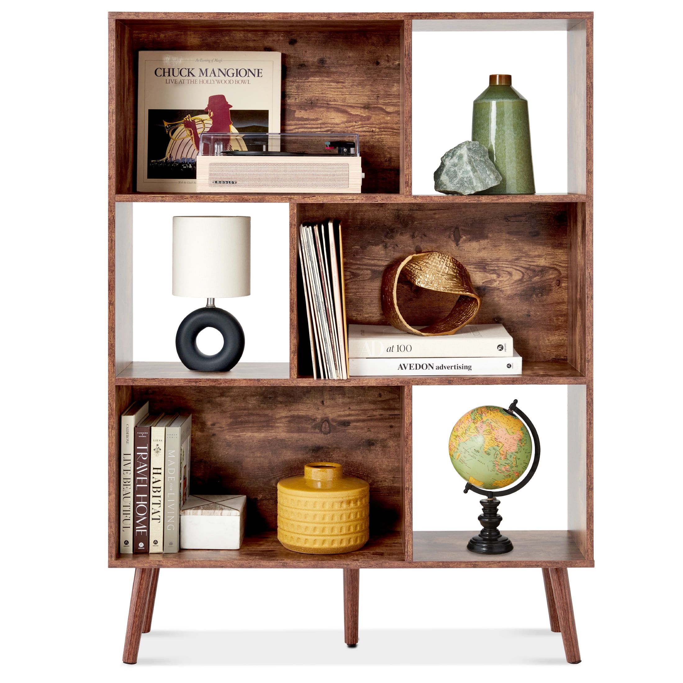 Mid-Century Modern Pine Wood Brown 3-Tier Bookcase with Cubes
