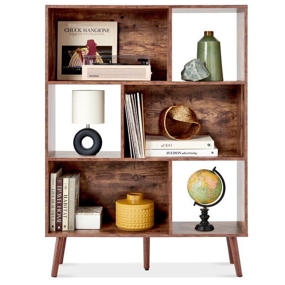 Best Choice Products 3-Tier Mid-Century Modern Wooden Bookcase w/ Removable Back Panels, Offset Pine Legs - Brown
