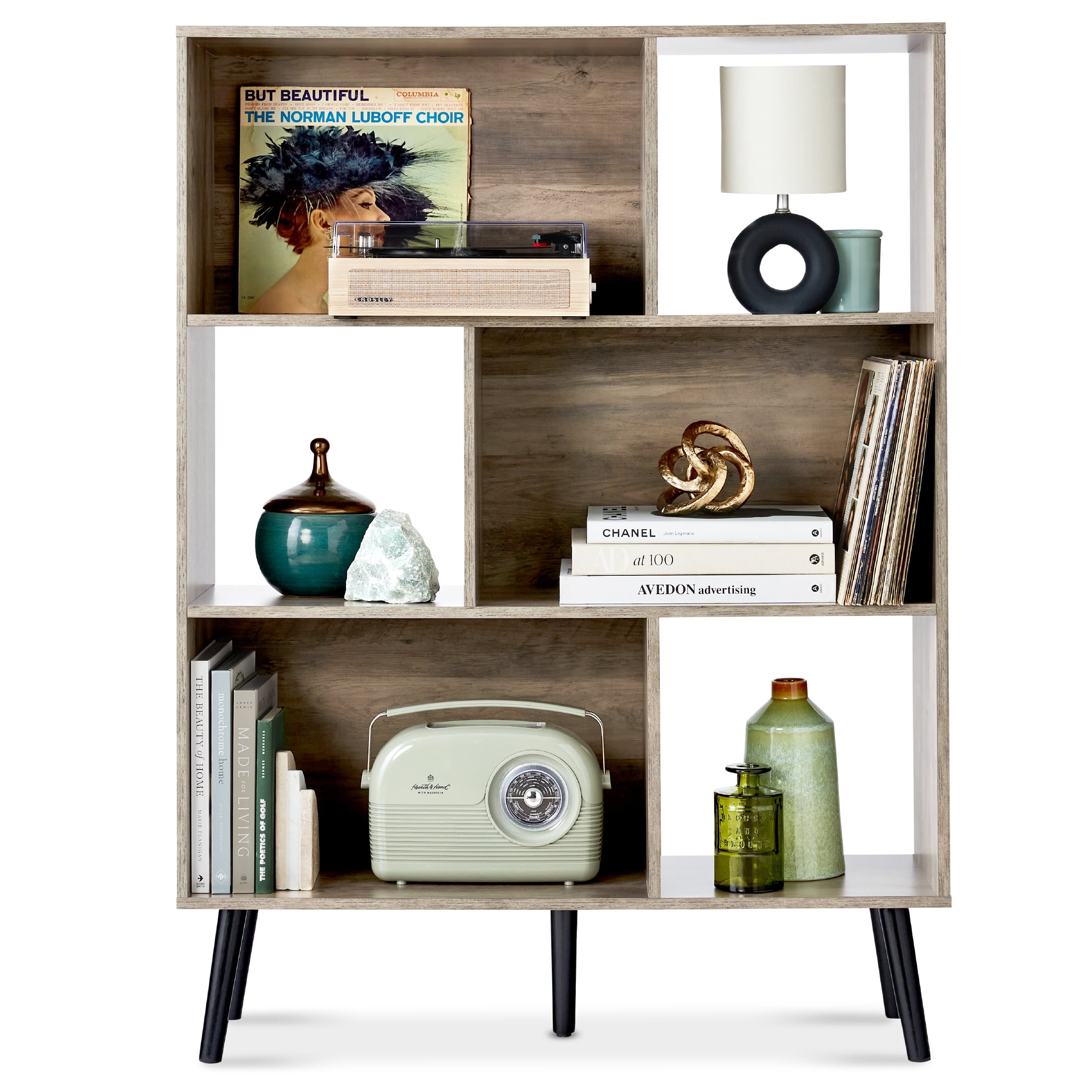 Gray Oak Mid-Century Modern 6-Shelf Pine Wood Bookcase