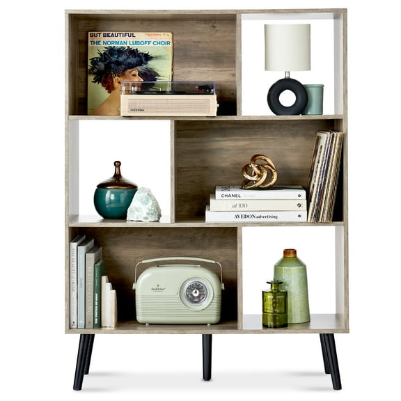 Best Choice Products 3-Tier Mid-Century Modern Wooden Bookcase w/ Removable Back Panels, Offset Pine Legs - Gray Oak