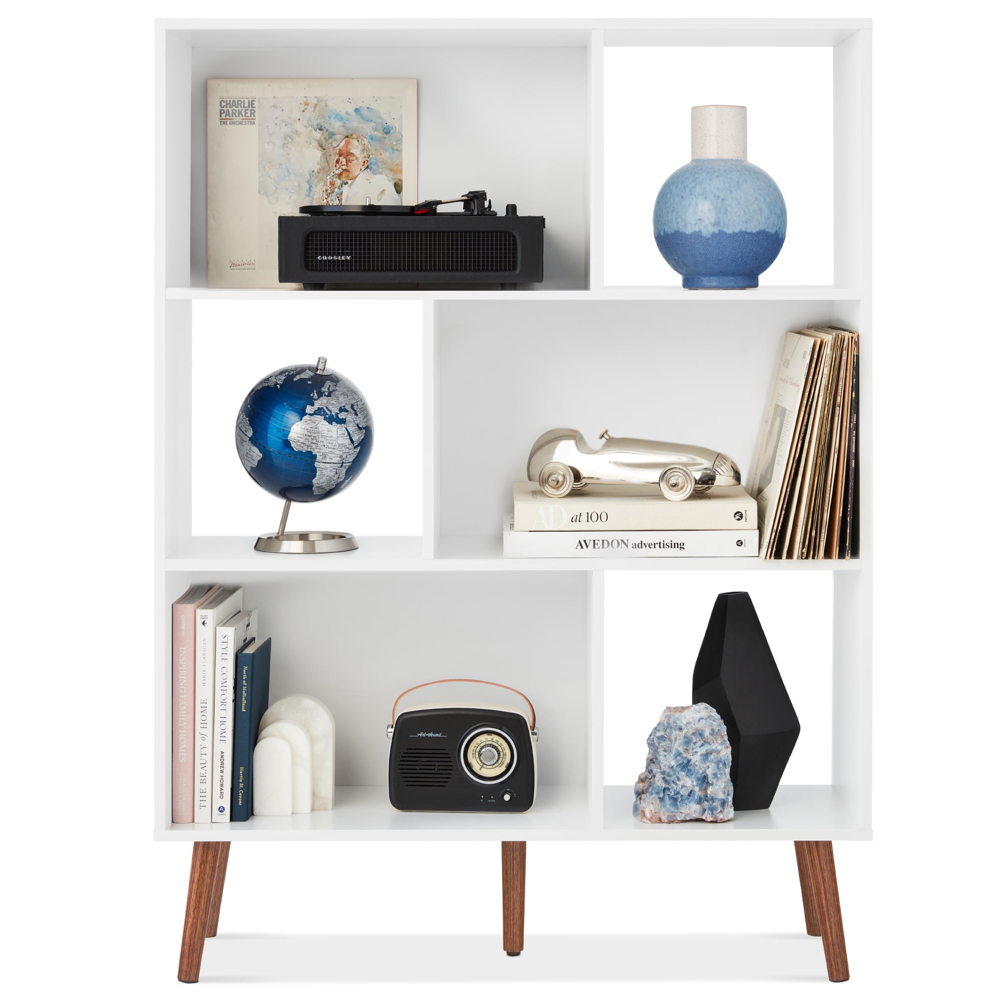 Best Choice Products 3-Tier Mid-Century Modern Wooden Bookcase w/ Removable Back Panels, Offset Pine Legs - White/Brown