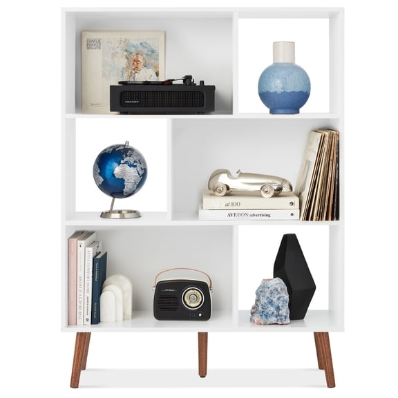 Best Choice Products 3-Tier Mid-Century Modern Wooden Bookcase w/ Removable Back Panels, Offset Pine Legs - White/Brown