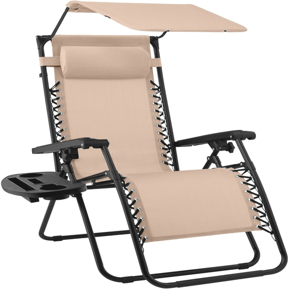 Best Choice Products 30" Extra Wide Folding Zero Gravity Patio Lounge Chair w/Adjustable Canopy Shade - Beige