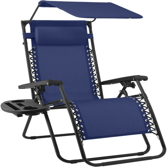 Best Choice Products 30" Extra Wide Folding Zero Gravity Patio Lounge Chair w/Adjustable Canopy Shade - Navy Blue