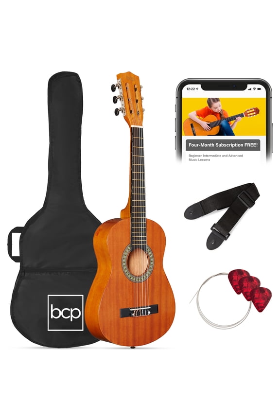 30in Kids Acoustic Guitar Beginner Starter Kit w/ Strap, Case, Strings - Natural Mahogany