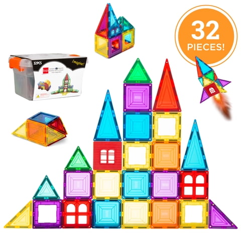Best Choice Products 32-Piece Kids Magnetic Tiles Set, Educational Building STEM Toy w/ Case - Multicolor
