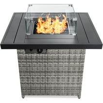 Best Choice Products 32in Fire Pit Table 50,000 BTU Outdoor Wicker Patio w/ Wind Guard, Glass Beads, Cover - Ash Gray