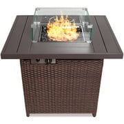 Best Choice Products 32in Fire Pit Table 50,000 BTU Outdoor Wicker Patio w/ Wind Guard, Glass Beads, Cover - Ash Gray