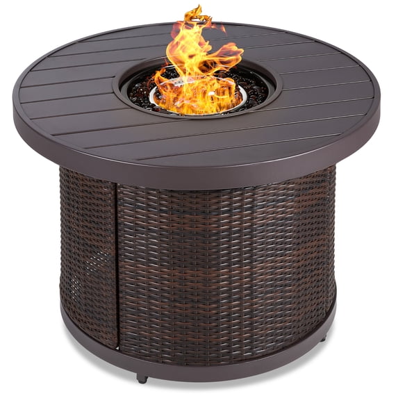 Best Choice Products 32in Round Gas Fire Pit Table, 50,000 BTU Outdoor Wicker Patio Propane Firepit w/ Cover - Brown