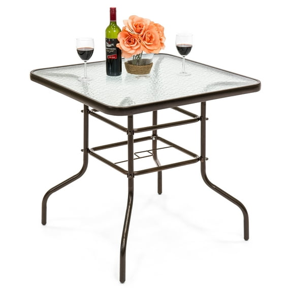 Best Choice Products 32in Square Tempered Glass Outdoor Patio Dining Bistro Table w/ Umbrella Hole, Steel Frame