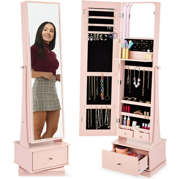 Best Choice Products 360 Swivel Standing Mirrored Jewelry Cabinet, LED-Lit Makeup Organizer w/ Mirror - Dusty Pink