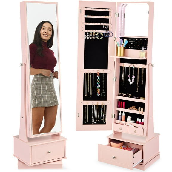 Best Choice Products 360 Swivel Standing Mirrored Jewelry Cabinet, LED-Lit Makeup Organizer w/ Mirror - Dusty Pink