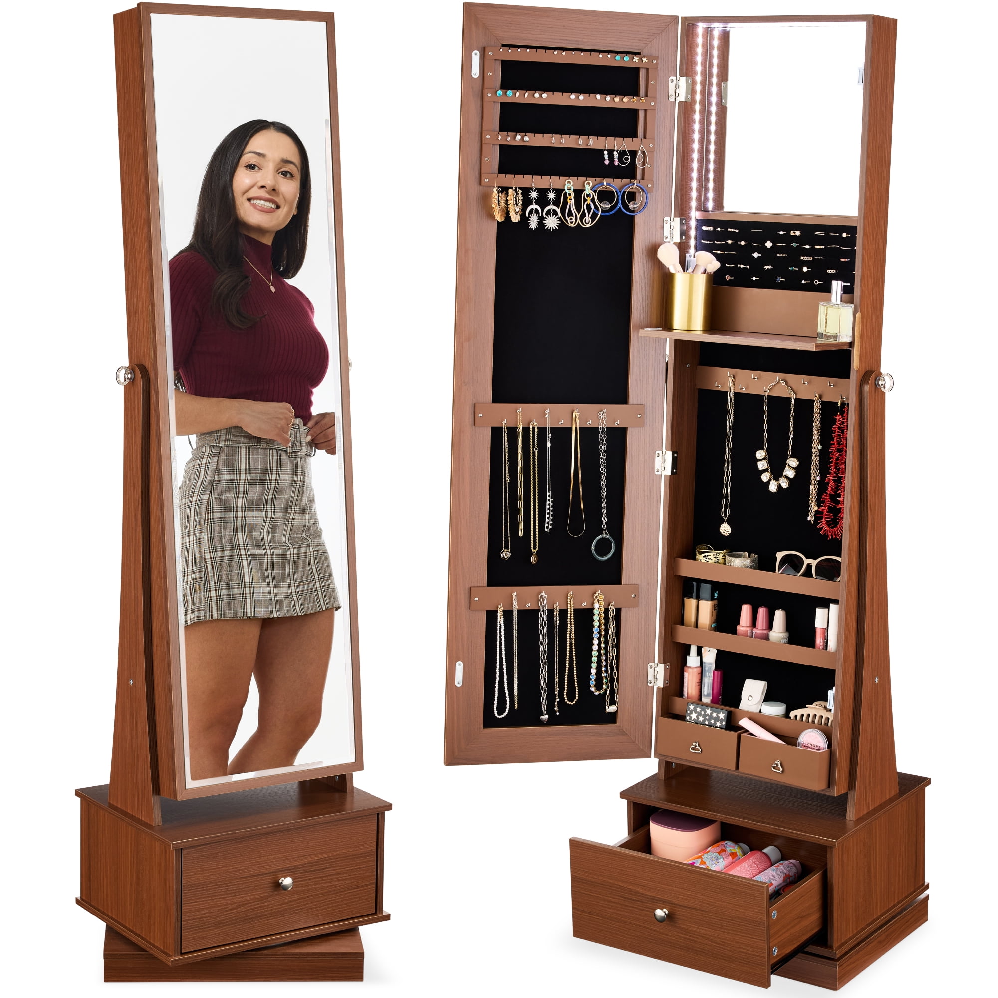 ドレッサー・鏡台 STAND JEWELRY DRESSER MIRROR Jewelry Mirror Storage, 64in Tall, LED Lit, 360 Swivel Mirror