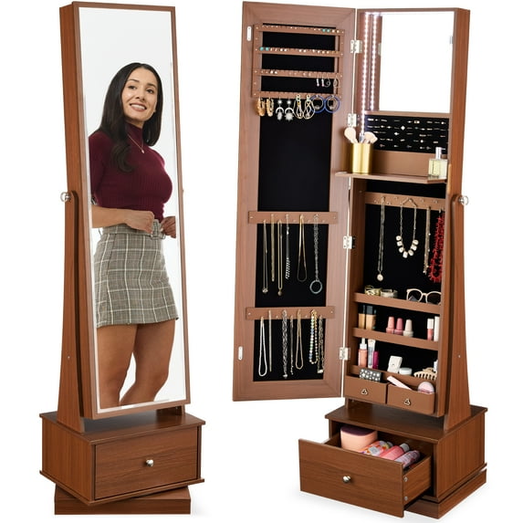 Best Choice Products 360 Swivel Standing Mirrored Jewelry Cabinet, LED-Lit Makeup Organizer w/ Mirror - Walnut