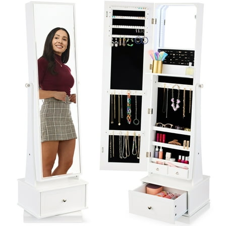 Best Choice Products 360 Swivel Standing Mirrored Jewelry Cabinet, LED-Lit Makeup Organizer w/ Mirror - White