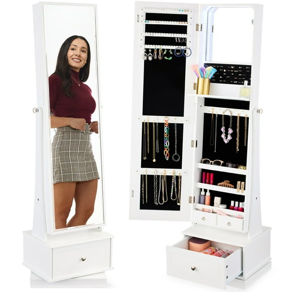 Best Choice Products 360 Swivel Standing Mirrored Jewelry Cabinet, LED-Lit Makeup Organizer w/ Mirror - White