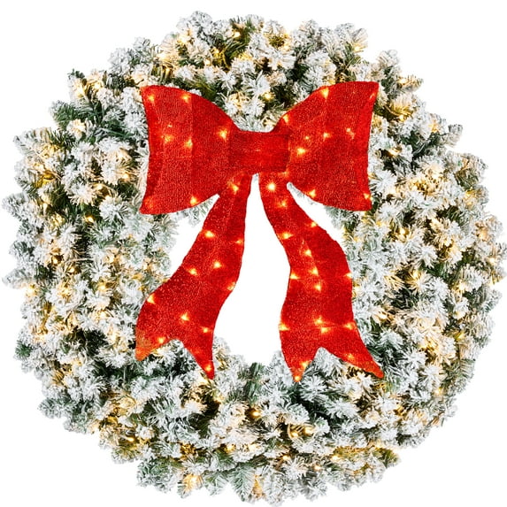 Best Choice Products 36in Artificial Pre-Lit Flocked Fir Christmas Wreath Decor w/ Red Bow, 150 LED Lights, 300 Tips