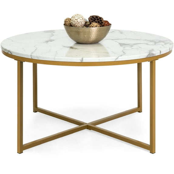 Best Choice Products 36in Faux Marble Modern Round Living Room Accent Coffee Table w/ Metal Frame - White/Bronze Gold