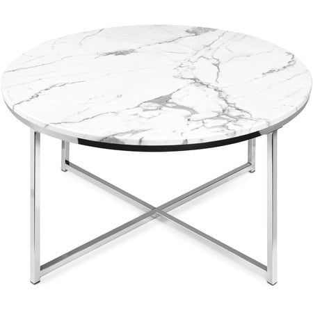 Best Choice Products 36in Faux Marble Modern Round Living Room Accent Coffee Table w/ Metal Frame - White/Chrome