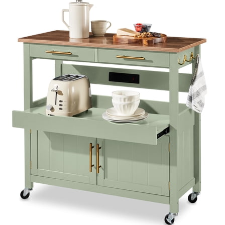 Best Choice Products 36in Large Rolling Kitchen Island Cart, 2-Door Cabinet, Outlet, Hooks, & Wheels - Pistachio Green