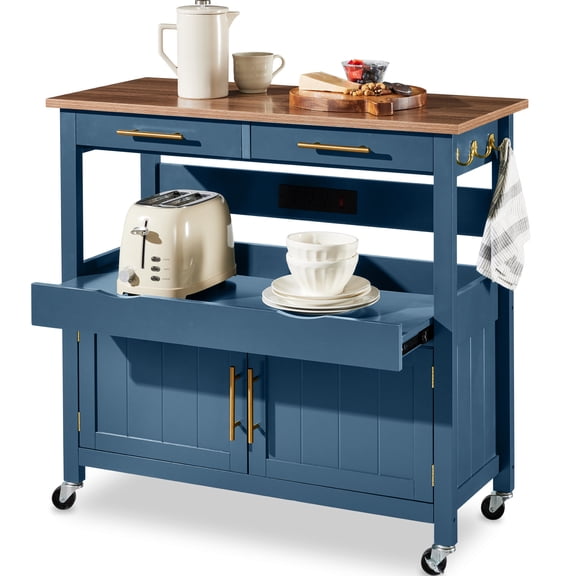 Best Choice Products 36in Large Rolling Kitchen Island Cart, 2-Door Cabinet, Outlet, Hooks, & Wheels - Slate Blue