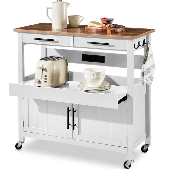 Best Choice Products 36in Large Rolling Kitchen Island Cart, 2-Door Cabinet, Outlet, Hooks, & Wheels - White
