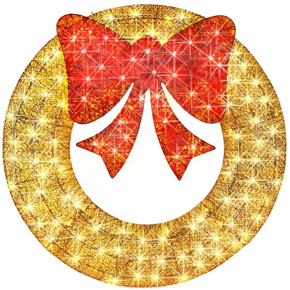 Best Choice Products 36in Pre-Lit Outdoor Christmas Wreath, LED Metal Holiday Decor w/ 120 Lights, Bow - Gold/Red