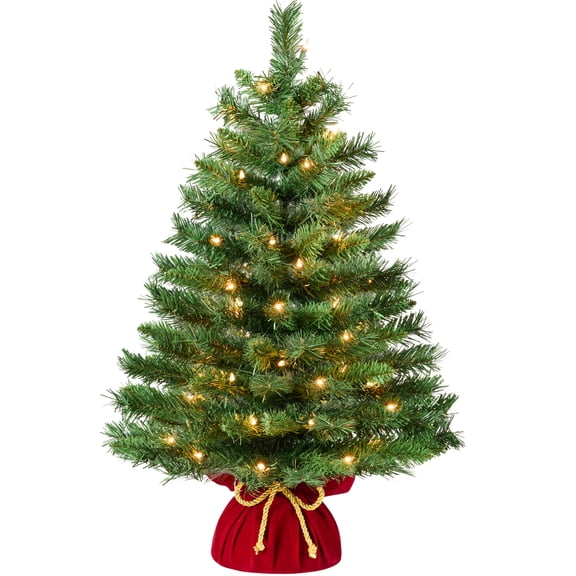Best Choice Products Pre-Lit 3ft Decorative Christmas Tree, Artificial Holiday Desktop Decor w/Warm White Lights, Red Velvet Cover & Gold Cord